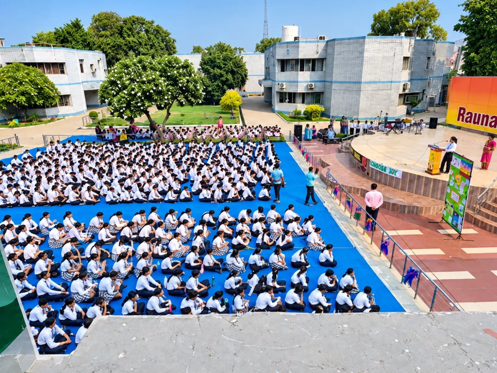The green campus of Raunaq Public School, Ganaur during a whole-school assembly