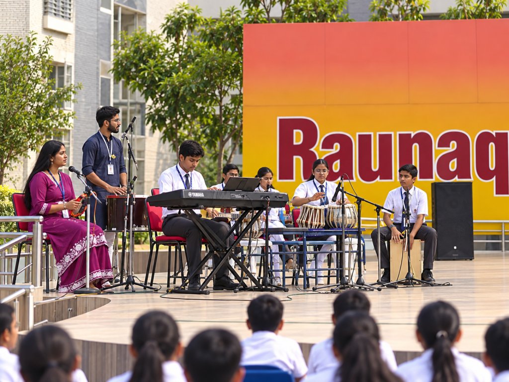 Student musicians of Raunaq Public School performing together